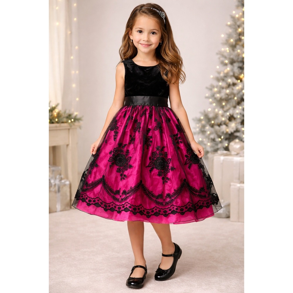 Cherokee Girls Velvet Lace Party Dress Pink Black‎ Sleeveless Formal